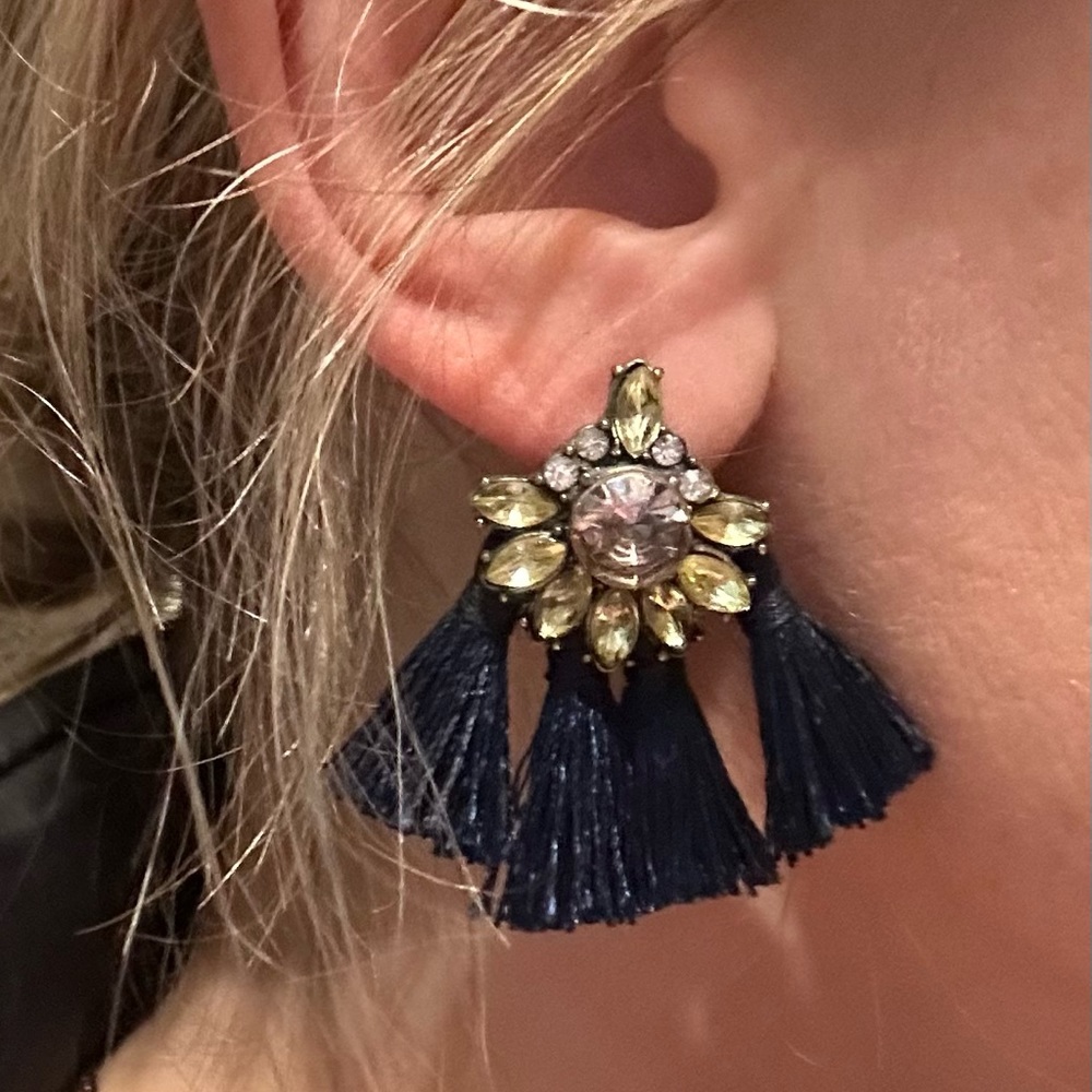 Navy tassel and rhinestone earrings